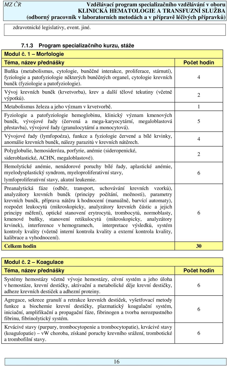 (fyziologie a patofyziologie). Vývoj krevních buněk (krvetvorba), krev a další tělové tekutiny (včetně výpotků). Počet hodin Metabolismus železa a jeho význam v krvetvorbě.