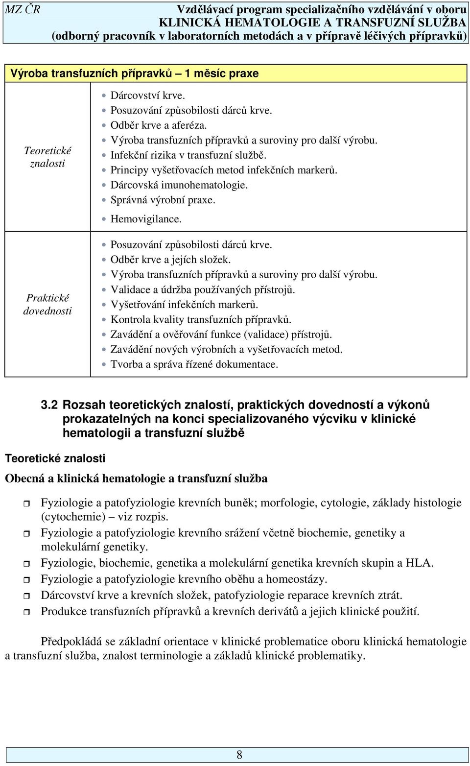 Hemovigilance. Posuzování způsobilosti dárců krve. Odběr krve a jejích složek. Výroba transfuzních přípravků a suroviny pro další výrobu. Validace a údržba používaných přístrojů.