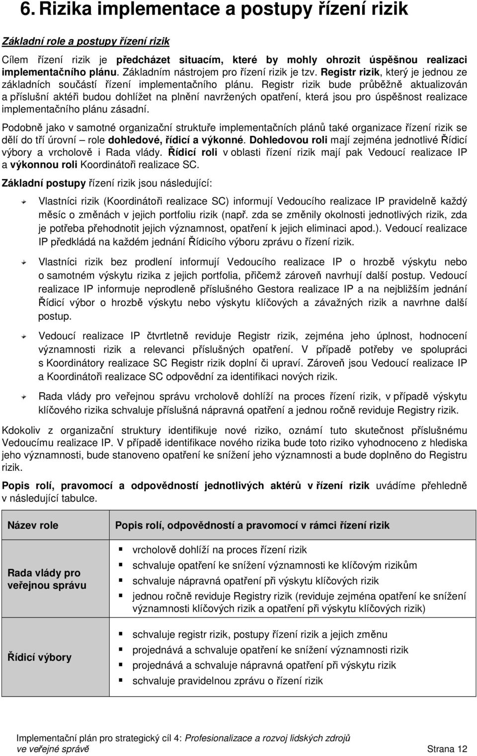 Registr rizik bude průběžně aktualizován a příslušní aktéři budou dohlížet na plnění navržených opatření, která jsou pro úspěšnost realizace implementačního plánu zásadní.