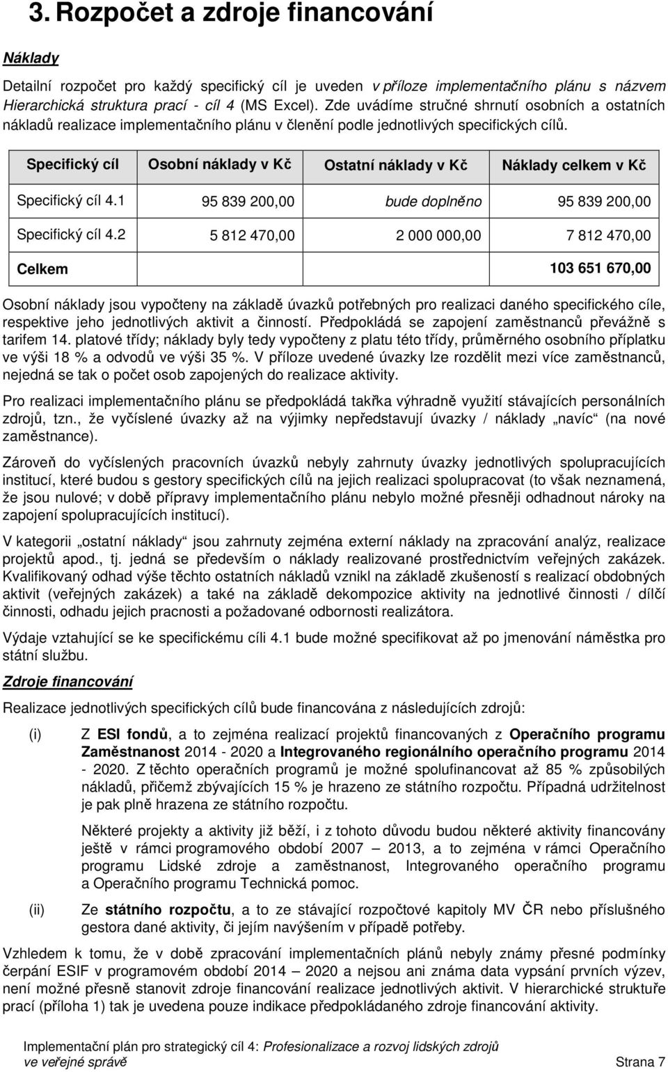 Specifický cíl Osobní náklady v Kč Ostatní náklady v Kč Náklady celkem v Kč Specifický cíl 4.1 95 839 200,00 bude doplněno 95 839 200,00 Specifický cíl 4.