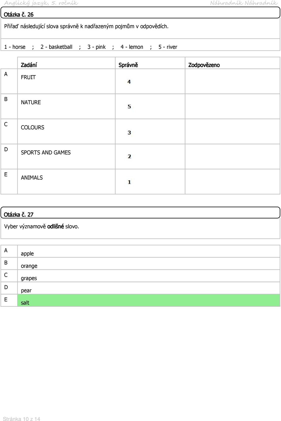 1 - horse ; 2 - basketball ; 3 - pink ; 4 - lemon ; 5 - river Zadání Správně