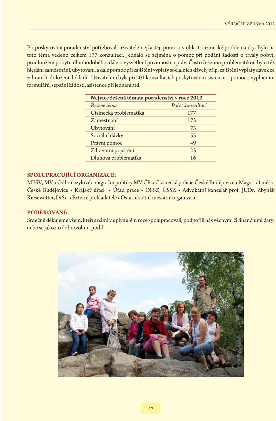 Často řešenou problematikou bylo též hledání zaměstnání, ubytování, a dále pomoc při zajištění výplaty sociálních dávek, příp. zajištění výplaty dávek ze zahraničí, doložení dokladů.