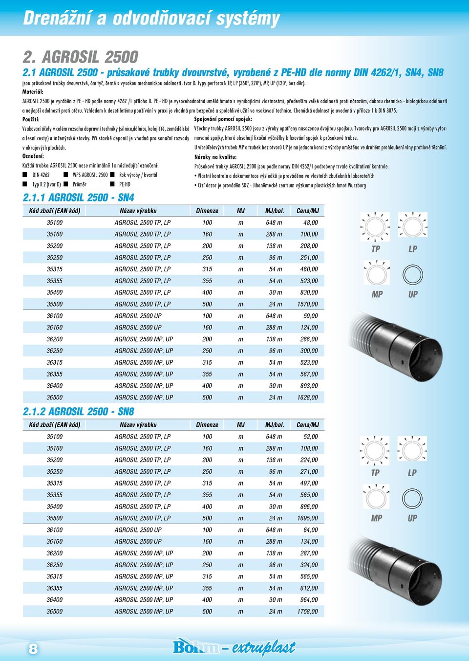 Typy perforací: TP, LP (360 o, 220 o ), MP, UP (120 o, bez děr). Materiál: AGROSIL 2500 je vyráběn z PE - HD podle normy 4262 /1 příloha B.