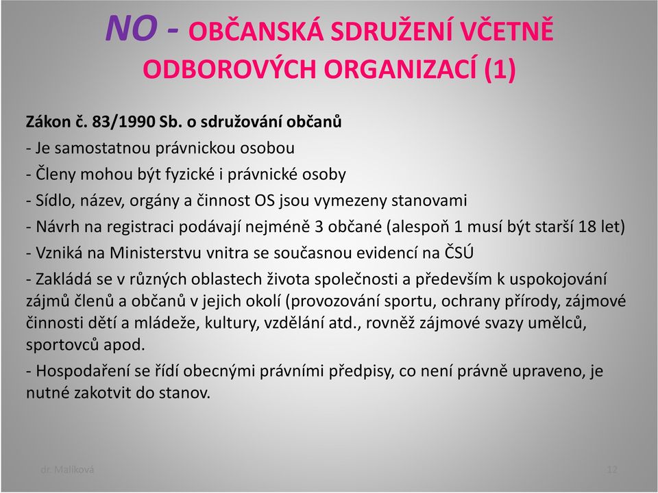 podávají nejméně 3 občané (alespoň 1 musí být starší 18 let) - Vzniká na Ministerstvu vnitra se současnou evidencí na ČSÚ - Zakládá se v různých oblastech života společnosti a především k