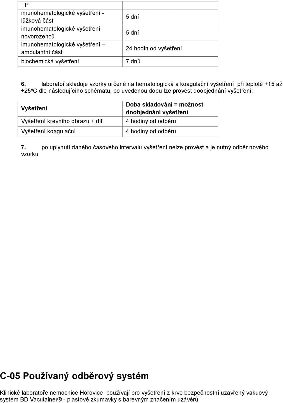 krevního obrazu + dif Vyšetření koagulační Doba skladování = možnost doobjednání vyšetření 4 hodiny od odběru 4 hodiny od odběru 7.