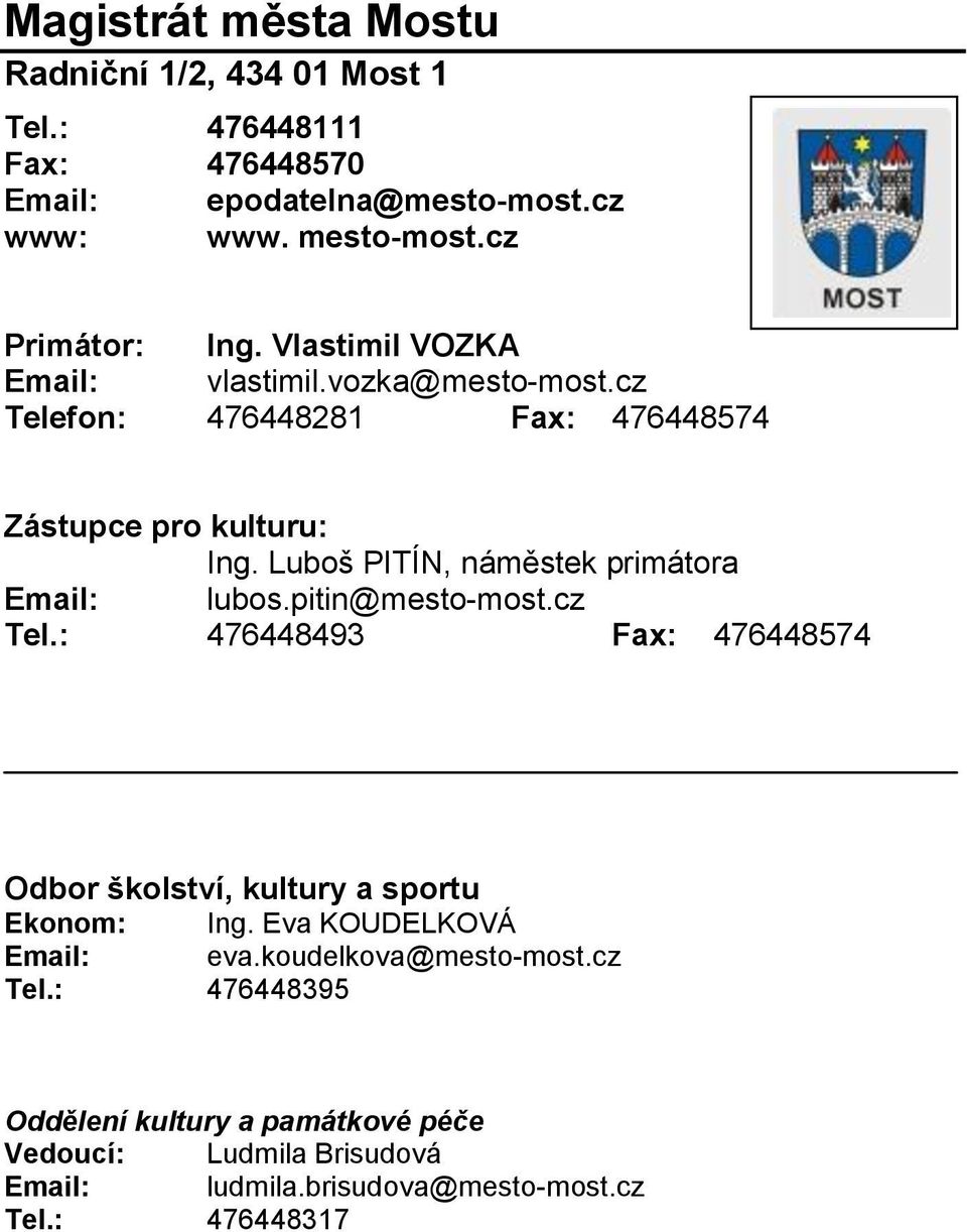 Luboš PITÍN, náměstek primátora Email: lubos.pitin@mesto-most.cz Tel.: 476448493 Fax: 476448574 Odbor školství, kultury a sportu Ekonom: Ing.