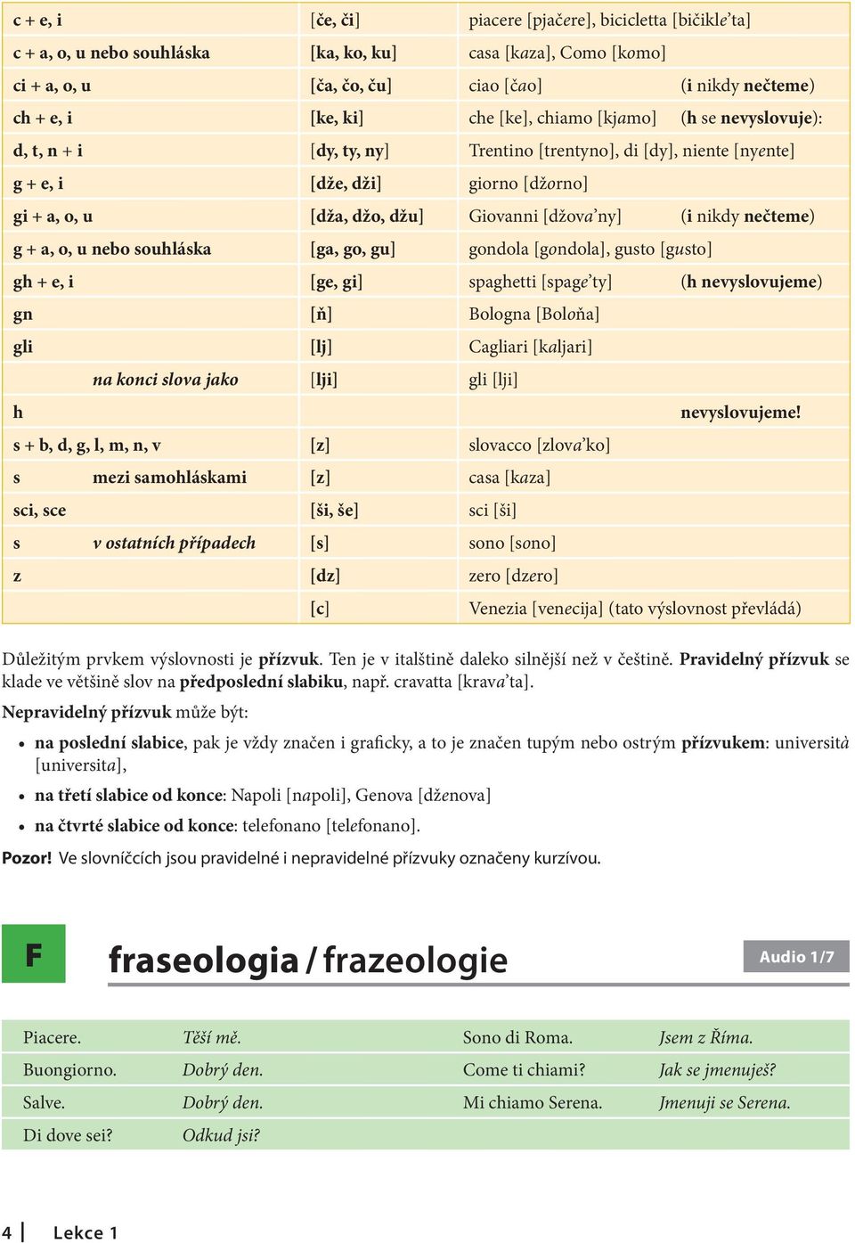 ny] (i nikdy nečteme) g + a, o, u nebo souhláska [ga, go, gu] gondola [gondola], gusto [gusto] gh + e, i [ge, gi] spaghetti [spage ty] (h nevyslovujeme) gn [ň] Bologna [Boloňa] gli [lj] Cagliari