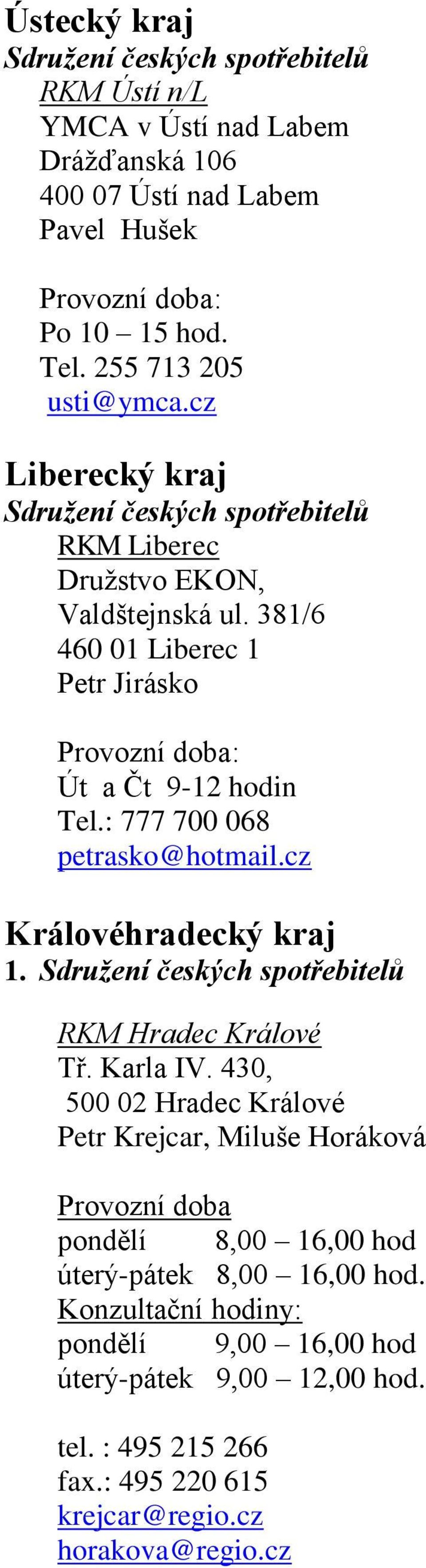 : 777 700 068 petrasko@hotmail.cz Královéhradecký kraj 1. Sdružení českých spotřebitelů RKM Hradec Králové Tř. Karla IV.