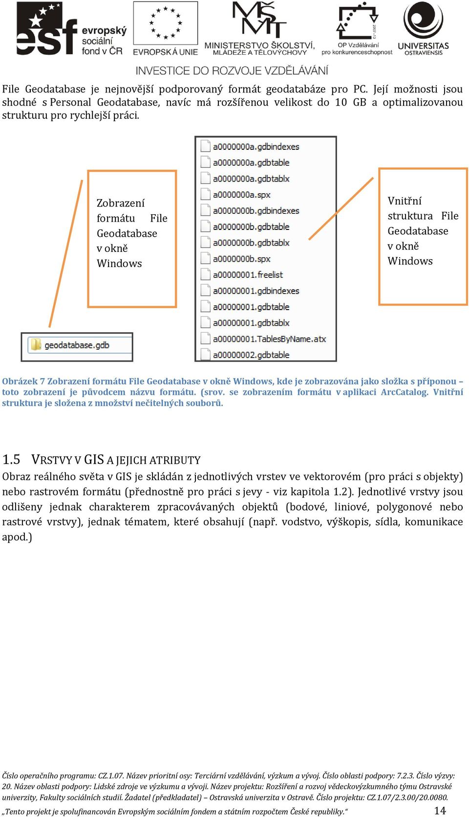 Zobrazení formátu File Geodatabase v okně Windows Vnitřní struktura File Geodatabase v okně Windows Obrázek 7 Zobrazení formátu File Geodatabase v okně Windows, kde je zobrazována jako složka s