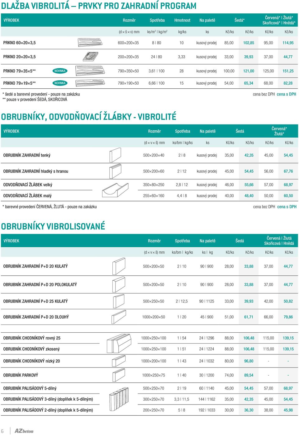 na zakázku ** pouze v provedení ŠEDÁ, SKOŘICOVÁ OBRUBNÍKY, ODVODŇOVACÍ ŽLÁBKY VIBROLITÉ Červená* Žlutá* (d v š) mm ks/bm kg/ks ks OBRUBNÍK ZAHRADNÍ tenký 500 200 40 2 8 35,00 42,35 45,00 54,45