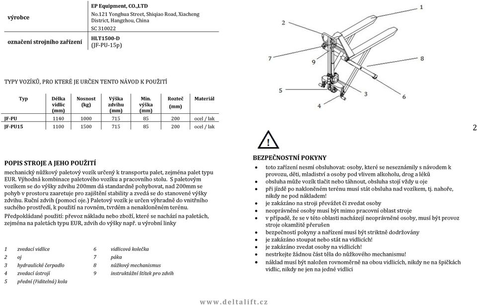 Min. výška Rozteč Materiál JF-PU 1140 1000 715 85 200 ocel / lak JF-PU15 1100 1500 715 85 200 ocel / lak 2 POPIS STROJE A JEHO POUŽITÍ mechanický nůžkový paletový vozík určený k transportu palet,