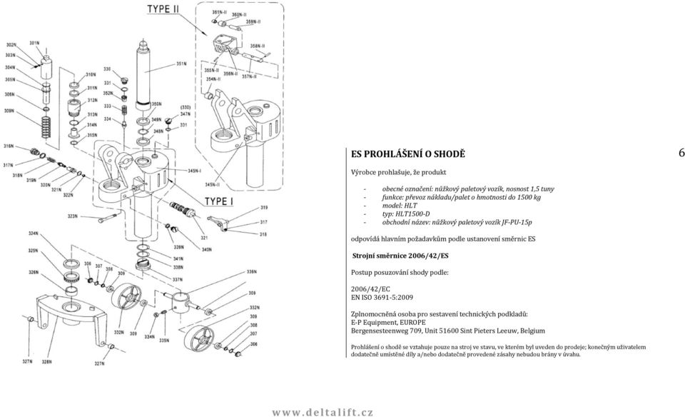 podle: 2006/42/EC EN ISO 3691-5:2009 Zplnomocněná osoba pro sestavení technických podkladů: E-P Equipment, EUROPE Bergensesteenweg 709, Unit 51600 Sint Pieters Leeuw, Belgium