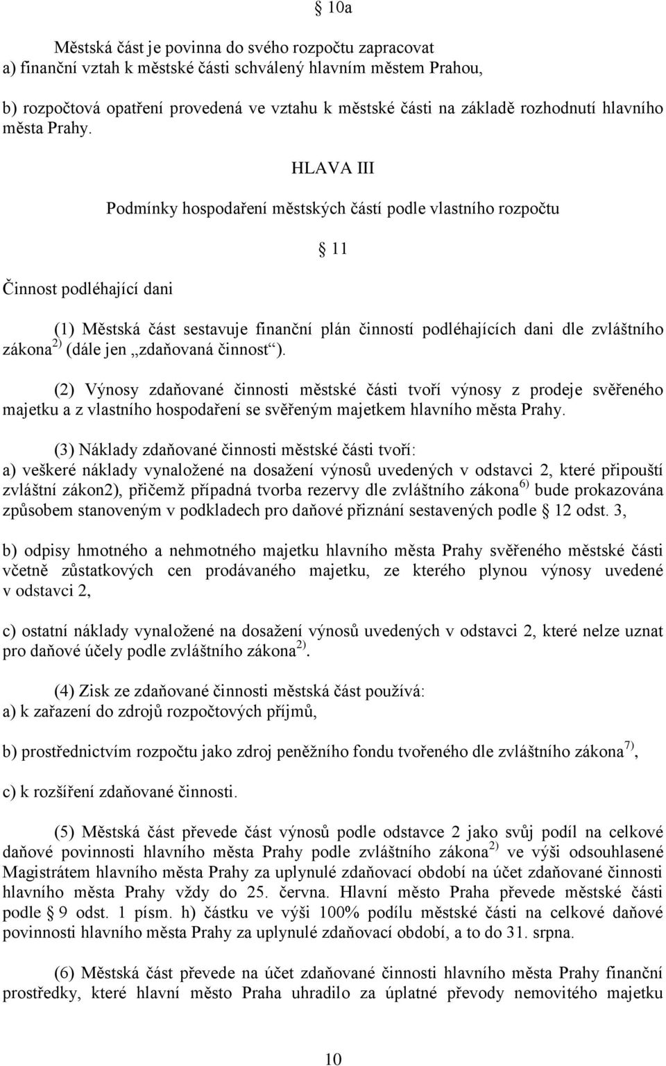 Činnost podléhající dani HLAVA III Podmínky hospodaření městských částí podle vlastního rozpočtu 11 (1) Městská část sestavuje finanční plán činností podléhajících dani dle zvláštního zákona 2) (dále