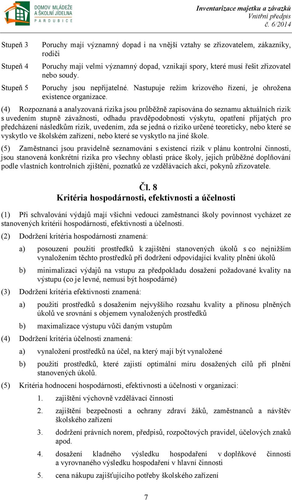 (4) Rozpoznaná a analyzovaná rizika jsou průběžně zapisována do seznamu aktuálních rizik s uvedením stupně závažnosti, odhadu pravděpodobnosti výskytu, opatření přijatých pro předcházení následkům