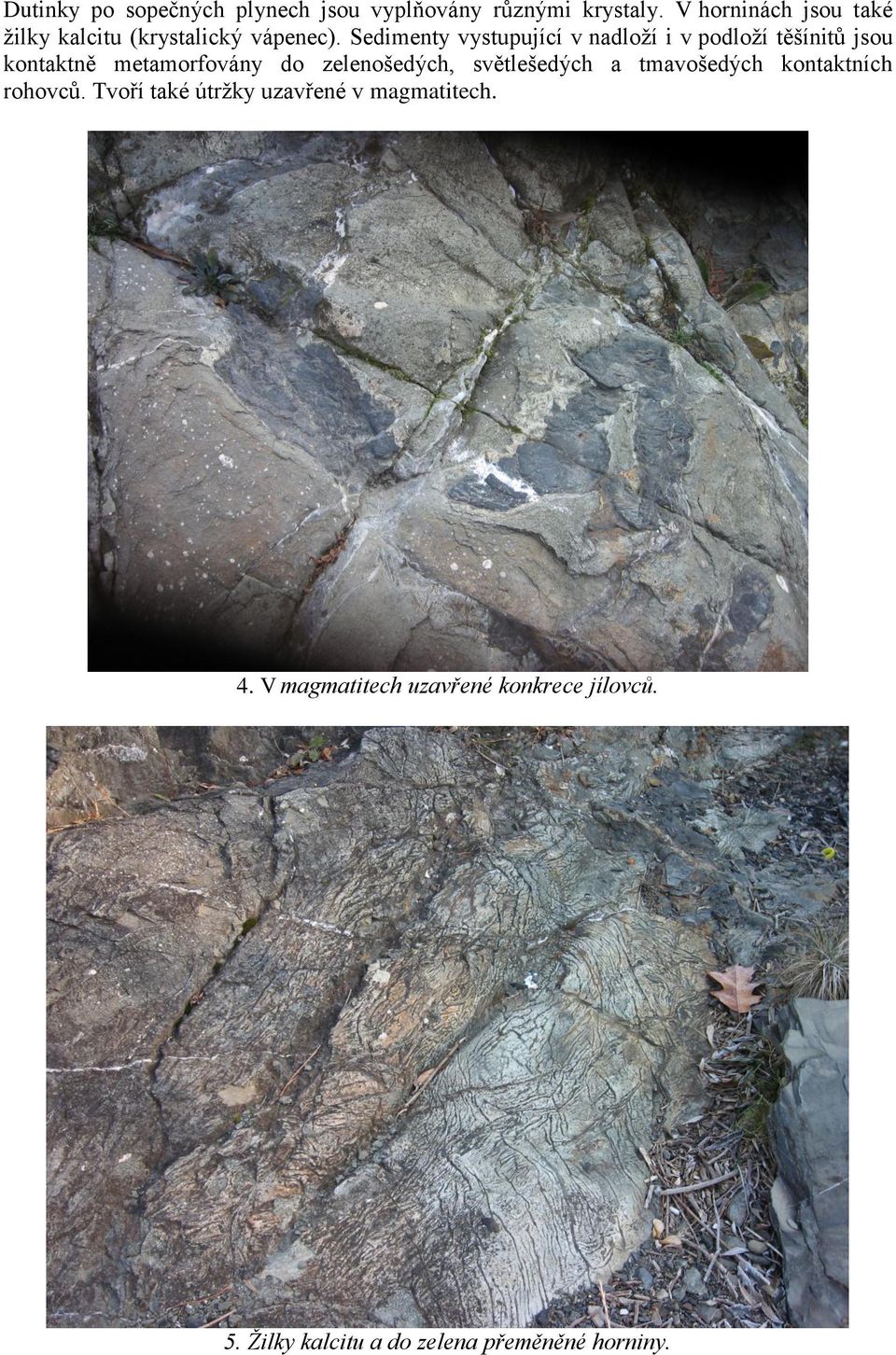 Sedimenty vystupující v nadloží i v podloží těšínitů jsou kontaktně metamorfovány do zelenošedých,