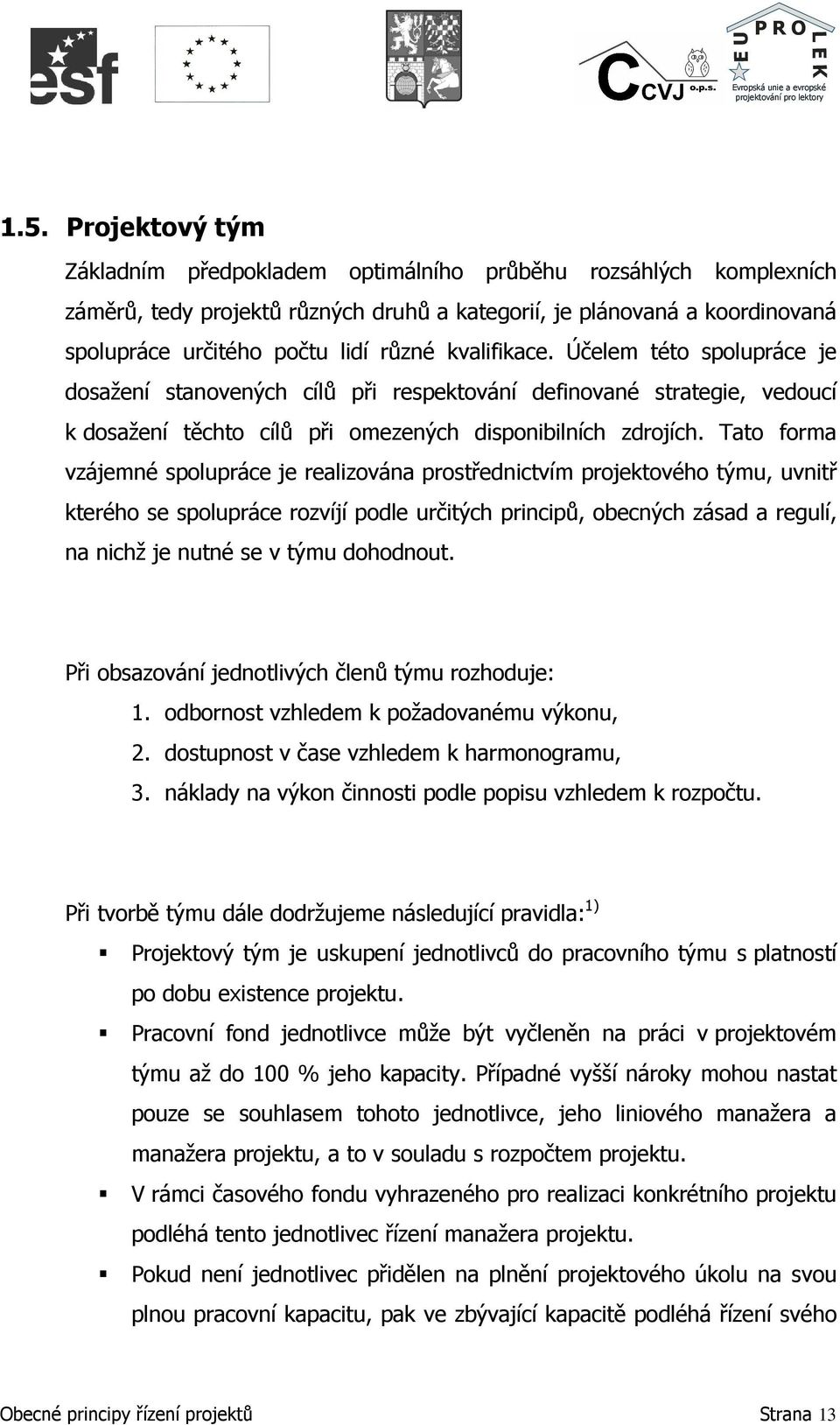Tato forma vzájemné spolupráce je realizována prostřednictvím projektového týmu, uvnitř kterého se spolupráce rozvíjí podle určitých principů, obecných zásad a regulí, na nichž je nutné se v týmu