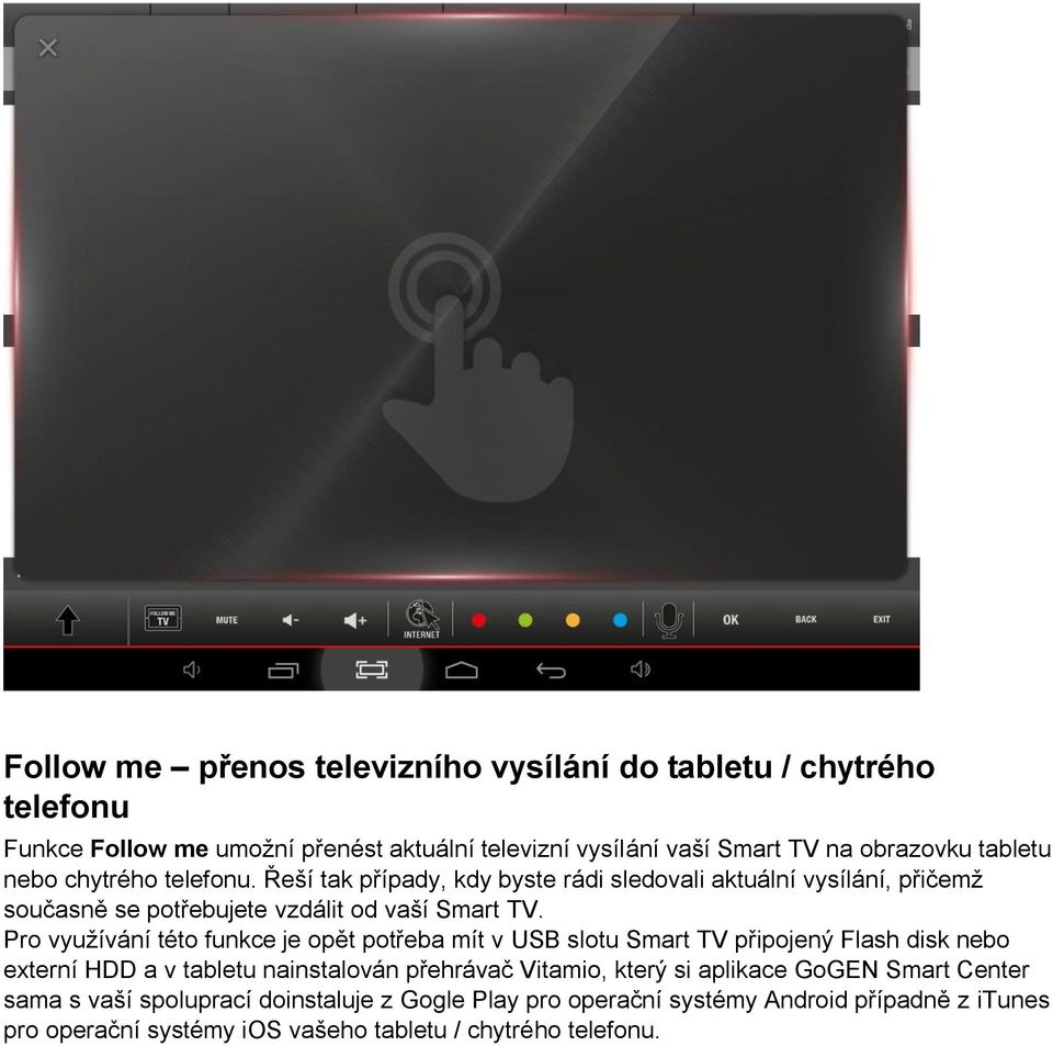 Pro využívání této funkce je opět potřeba mít v USB slotu Smart TV připojený Flash disk nebo externí HDD a v tabletu nainstalován přehrávač Vitamio, který si