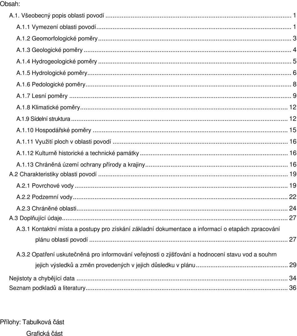 .. 16 A.1.13 Chráněná území ochrany přírody a krajiny... 16 A.2 Charakteristiky oblasti povodí... 19 A.2.1 Povrchové vody... 19 A.2.2 Podzemní vody... 22 A.2.3 Chráněné oblasti... 24 A.