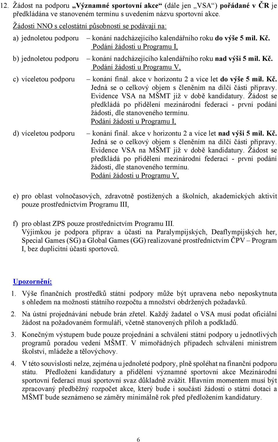 Podání žádosti u Programu I, b) jednoletou podporu konání nadcházejícího kalendářního roku nad výši 5 mil. Kč. Podání žádosti u Programu V, c) víceletou podporu konání finál.