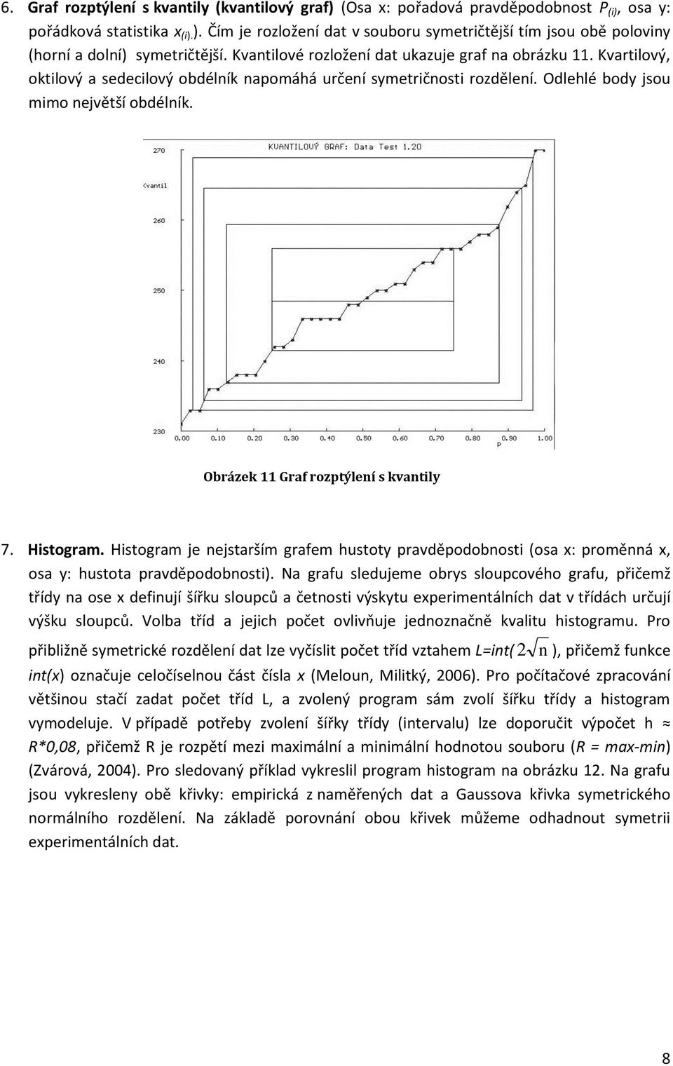 Kvartilový, oktilový a sedecilový obdélník napomáhá určení symetričnosti rozdělení. Odlehlé body jsou mimo největší obdélník. Obrázek 11 Graf rozptýlení s kvantily 7. Histogram.