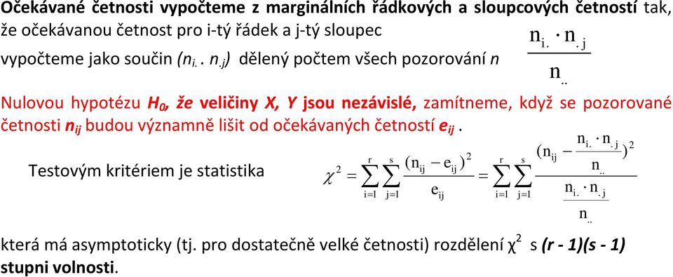 j ) dělený počtem všech pozorování n Nulovou hypotézu H 0, že veličiny X, Y jsou nezávislé, zamítneme, když se pozorované četnosti n ij budou