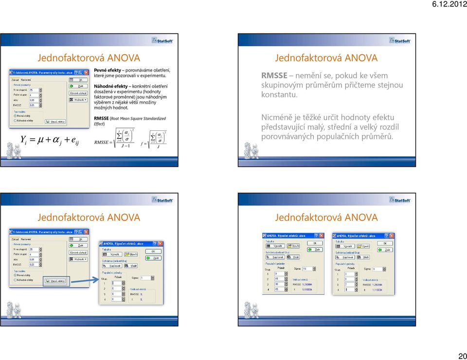 RMSSE (Root Mean Square Standardized Effect) RMSSE = J j= α j σ J f = J j= α j σ J Jednofaktorová ANOVA RMSSE nemění se, pokud ke všem skupinovým