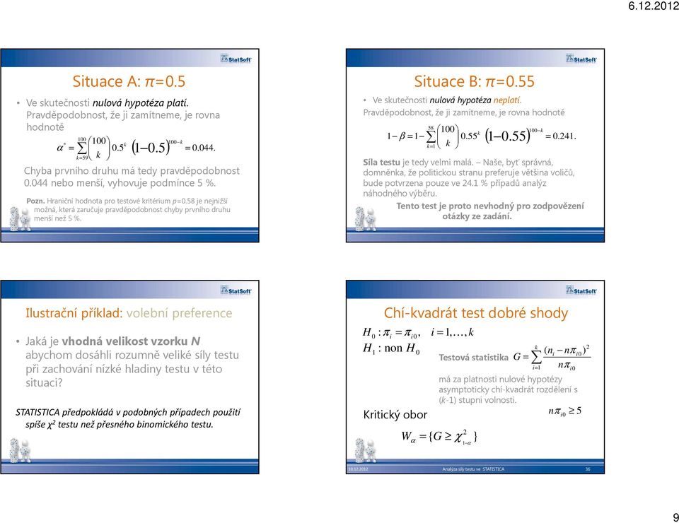 58 je nejnižší možná, která zaručuje pravděpodobnost chyby prvního druhu menší než 5 %. Situace B: π=0.55 Ve skutečnosti nulová hypotéza neplatí.
