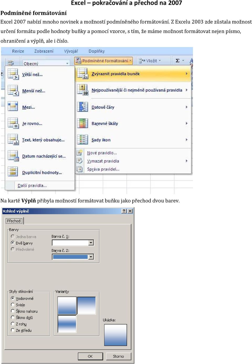 Z Excelu 2003 zde zůstala možnost určení formátu podle hodnoty buňky a pomocí vzorce, s