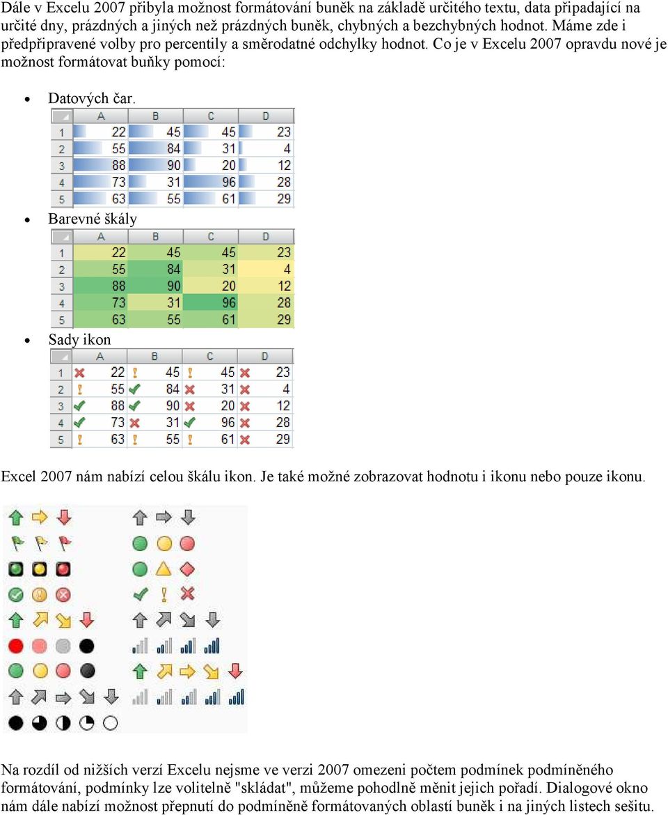 Barevné škály Sady ikon Excel 2007 nám nabízí celou škálu ikon. Je také možné zobrazovat hodnotu i ikonu nebo pouze ikonu.