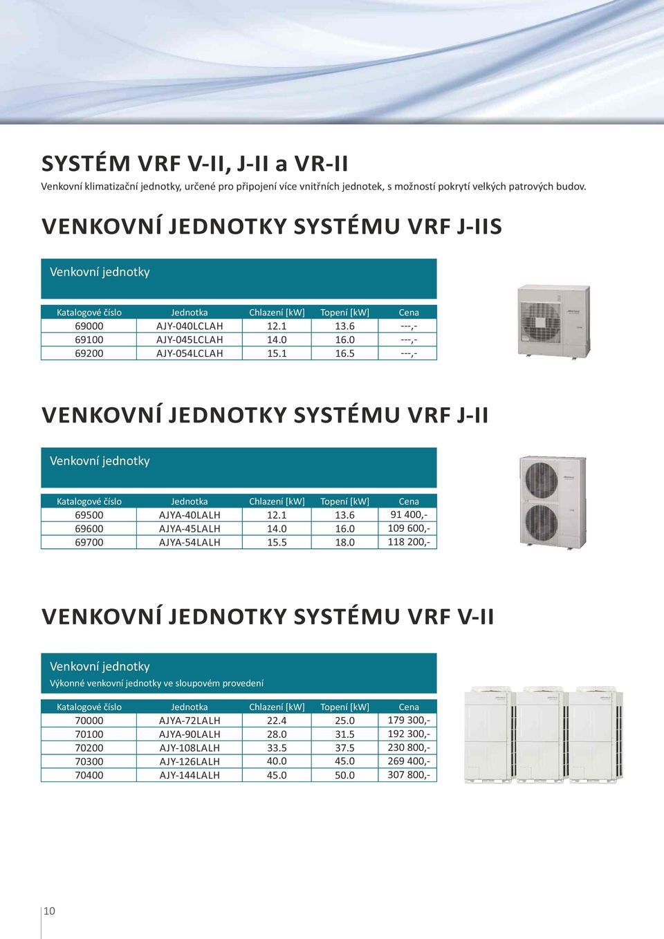 5 ---,- VENKOVNÍ JEDNOTKY SYSTÉMU VRF J-II Venkovní jednotky 69500 AJYA-40LALH 12.1 13.6 91 400,- 69600 AJYA-45LALH 14.0 16.0 109 600,- 69700 AJYA-54LALH 15.5 18.