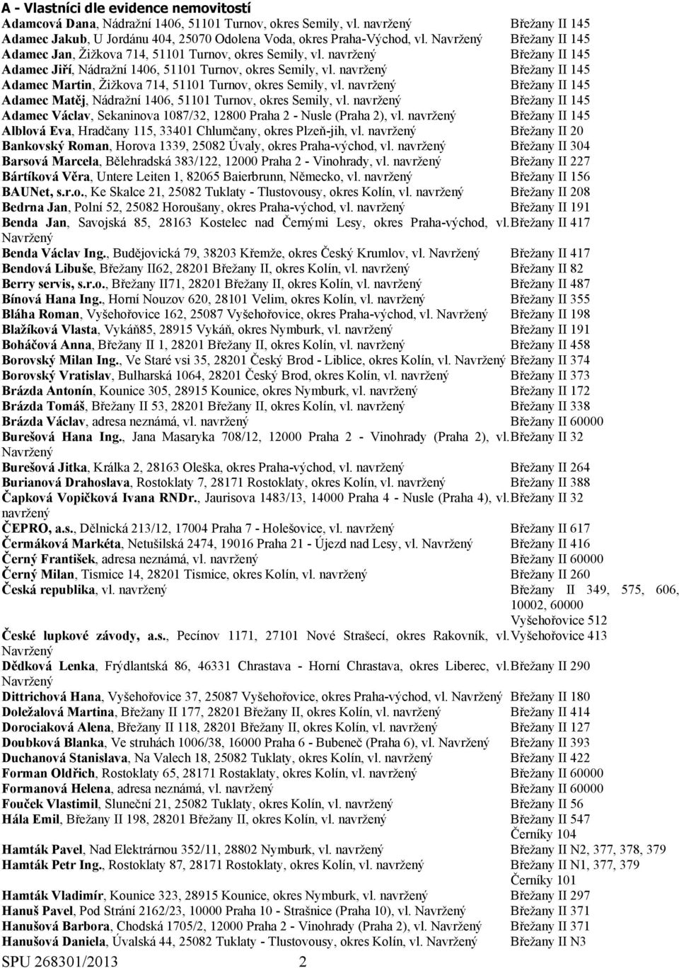 Břežany II 145 Adamec Martin, Žižkova 714, 51101 Turnov, okres Semily, vl. Břežany II 145 Adamec Matěj, Nádražní 1406, 51101 Turnov, okres Semily, vl.