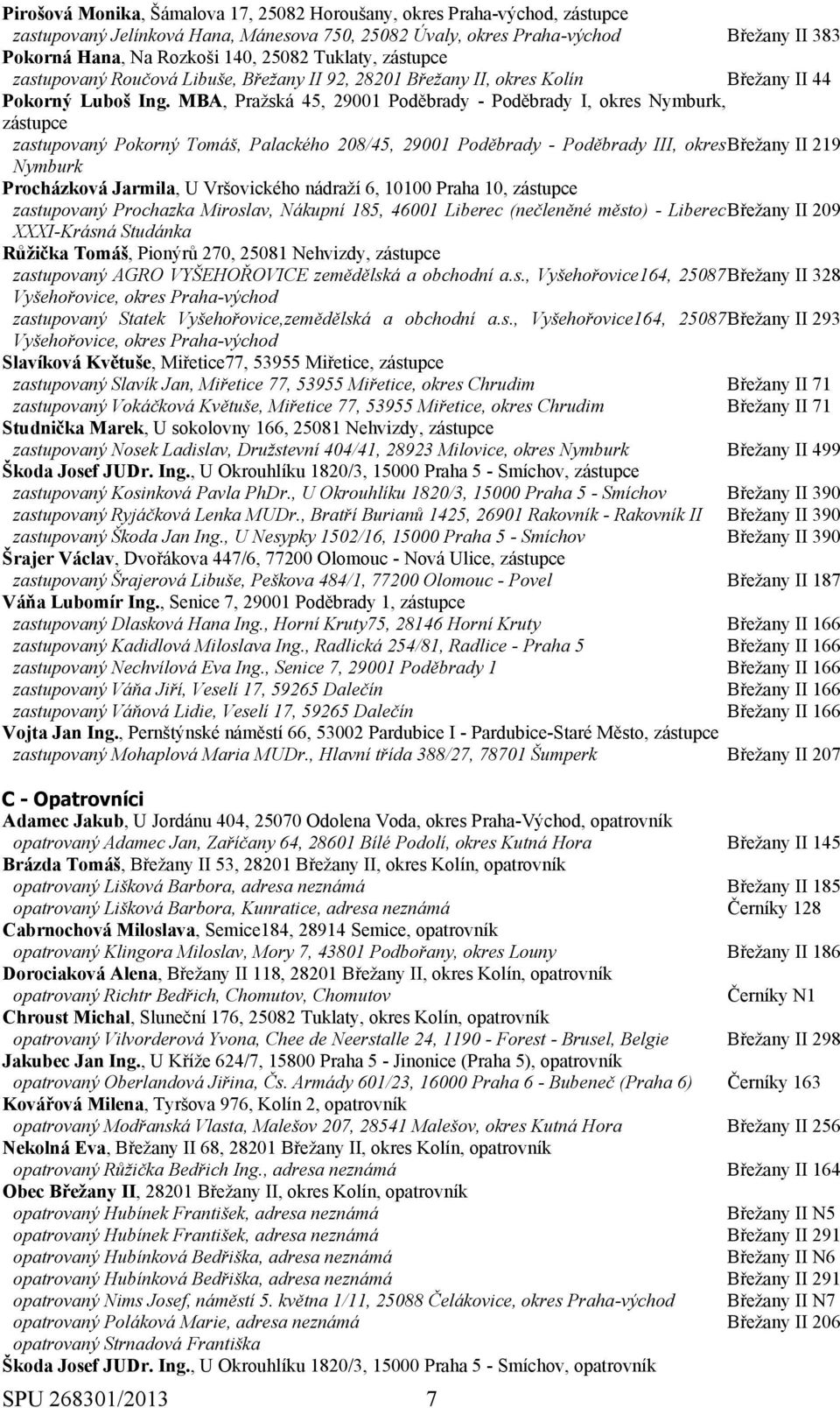 MBA, Pražská 45, 29001 Poděbrady - Poděbrady I, okres Nymburk, zástupce zastupovaný Pokorný Tomáš, Palackého 208/45, 29001 Poděbrady - Poděbrady III, okres Břežany II 219 Nymburk Procházková Jarmila,