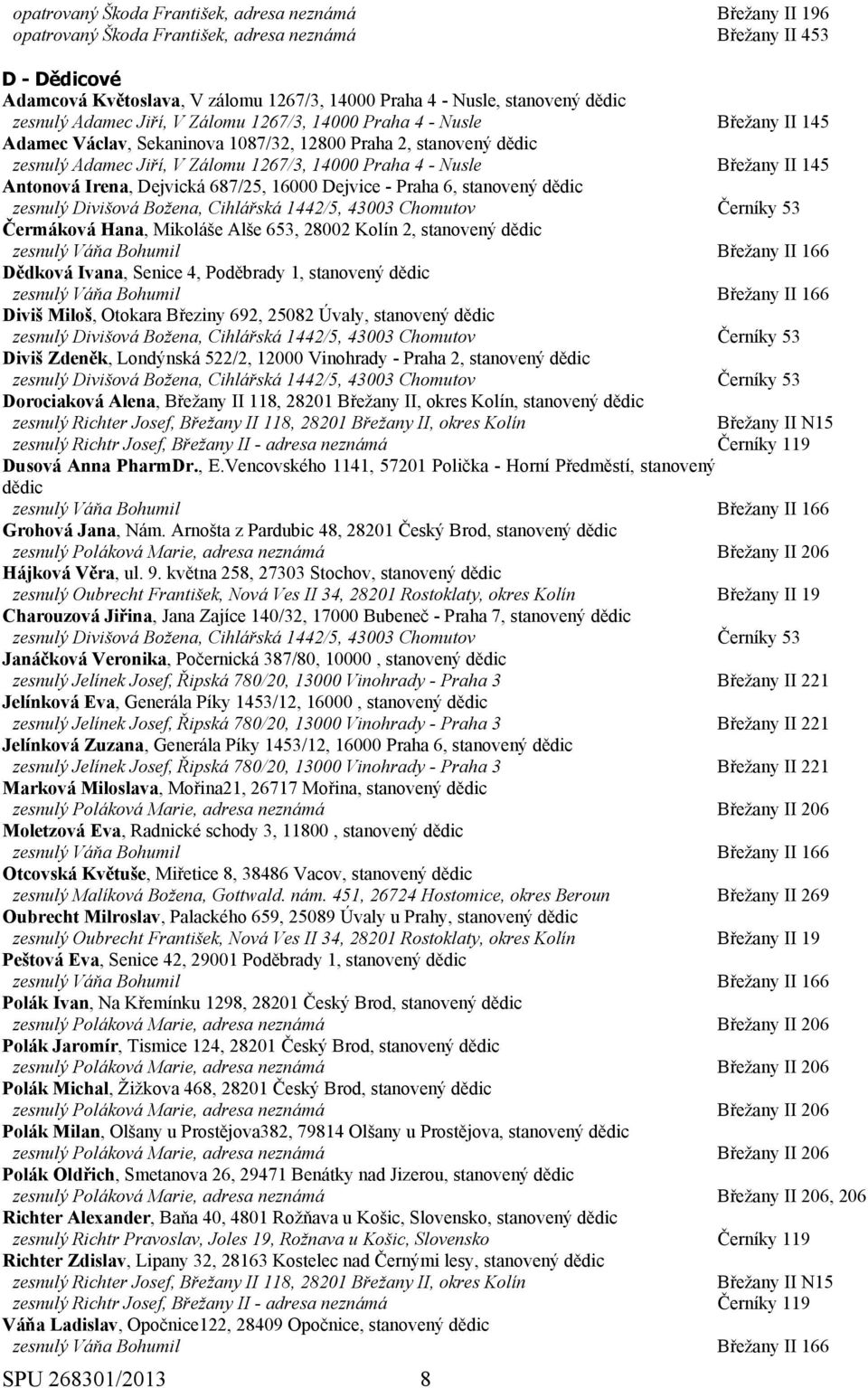 - Nusle Břežany II 145 Antonová Irena, Dejvická 687/25, 16000 Dejvice - Praha 6, stanovený dědic zesnulý Divišová Božena, Cihlářská 1442/5, 43003 Chomutov Černíky 53 Čermáková Hana, Mikoláše Alše