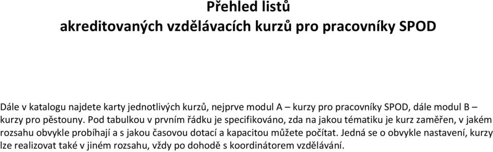 Pod tabulkou v prvním řádku je specifikováno, zda na jakou tiku je kurz zaměřen, v jakém rozsahu obvykle probíhají a