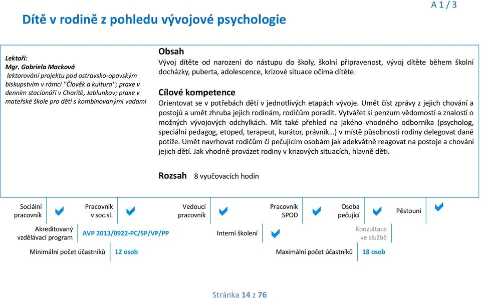 vadami Vývoj dítěte od narození do nástupu do školy, školní připravenost, vývoj dítěte během školní docházky, puberta, adolescence, krizové situace očima dítěte.