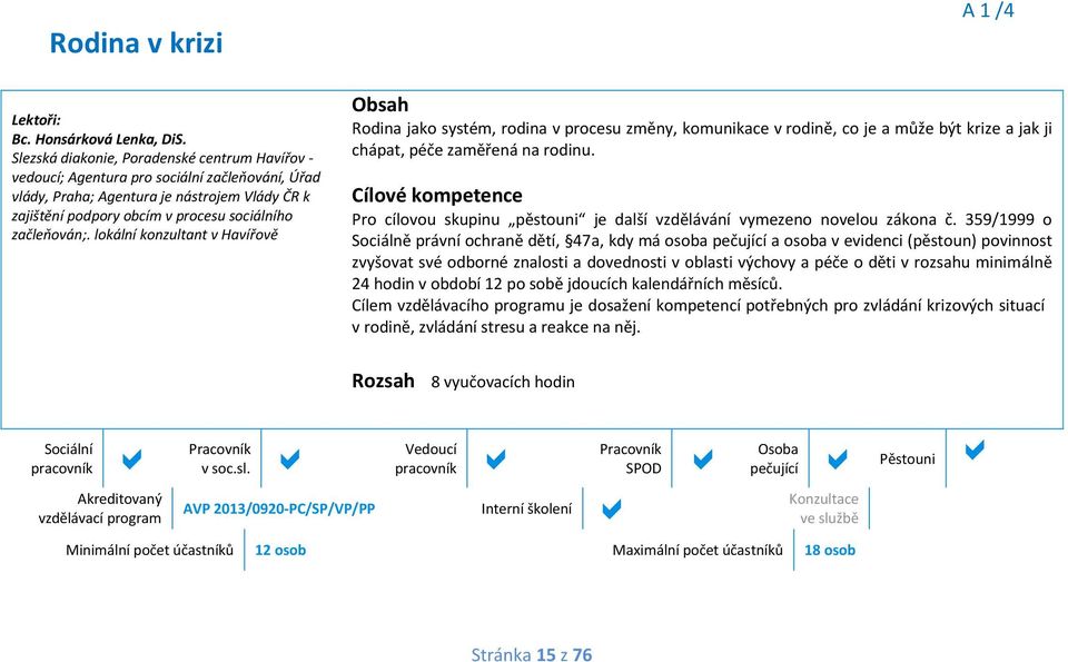 lokální konzultant v Havířově A 1 /4 Rodina jako systém, rodina v procesu změny, komunikace v rodině, co je a může být krize a jak ji chápat, zaměřená na rodinu.