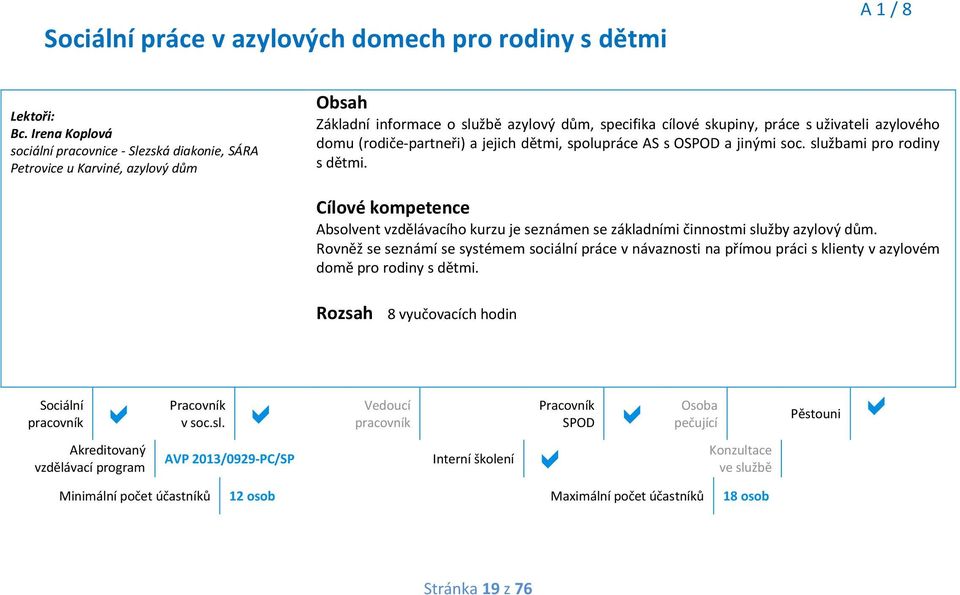 (rodiče-partneři) a jejich dětmi, spolupráce AS s OSPOD a jinými soc. službami pro rodiny. Absolvent vzdělávacího kurzu je seznámen se základními činnostmi služby azylový dům.