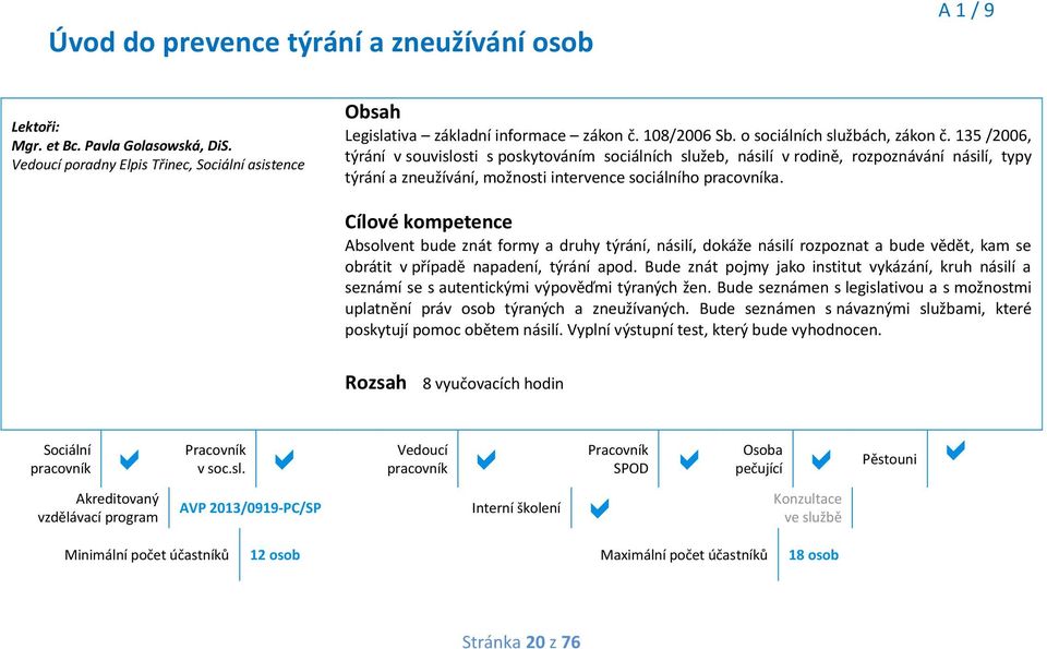 135 /2006, týrání v souvislosti s poskytováním sociálních služeb, násilí v rodině, rozpoznávání násilí, typy týrání a zneužívání, možnosti intervence sociálního pracovníka.