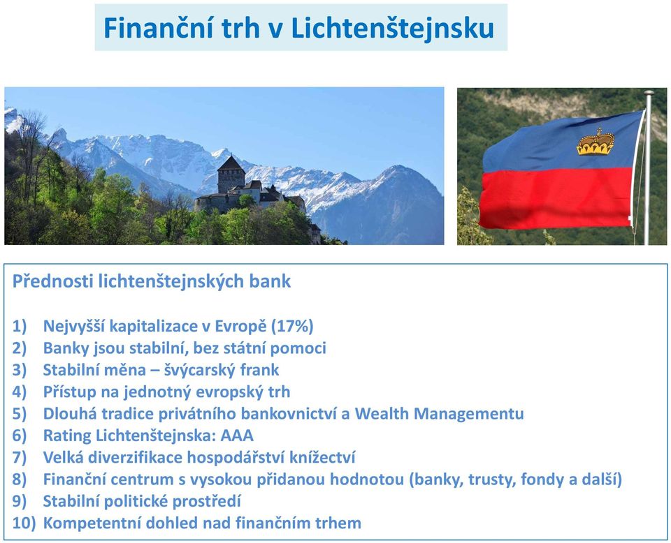 Managementu 6) Rating Lichtenštejnska: AAA 7) Velká diverzifikace hospodářství knížectví 8) Finanční centrum s vysokou