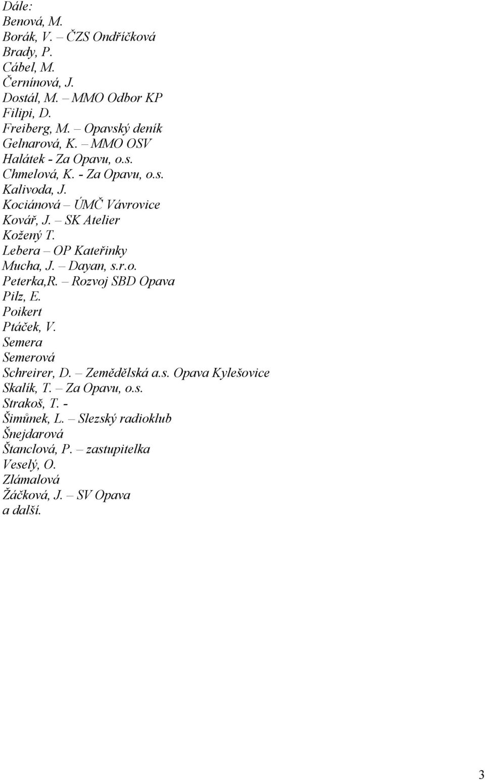 Lebera OP Kateřinky Mucha, J. Dayan, s.r.o. Peterka,R. Rozvoj SBD Opava Pilz, E. Poikert Ptáček, V. Semera Semerová Schreirer, D. Zemědělská a.s. Opava Kylešovice Skalík, T.