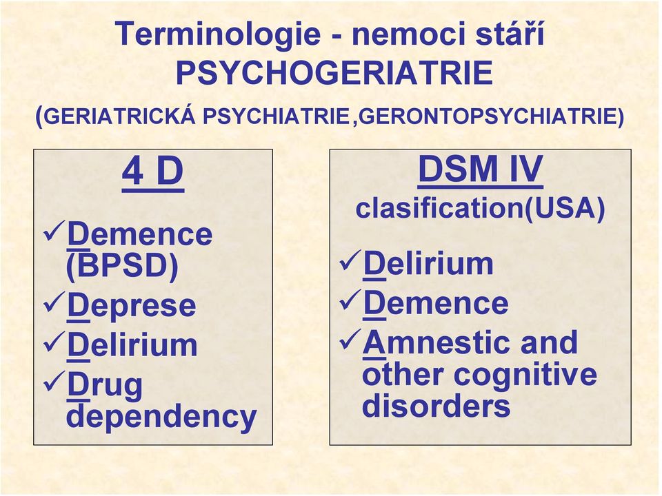 Demence (BPSD) Deprese Delirium Drug dependency DSM IV