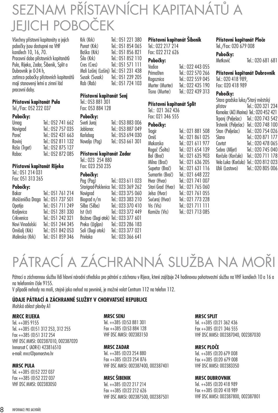 Přístavní kapitanát Pula Tel./Fax: 052 222 037 Pobočky: Umag Tel.: 052 741 662 Novigrad Tel.: 052 757 035 Poreč Tel.: 052 431 663 Rovinj Tel.: 052 811 132 Raša (Trget) Tel.: 052 875 127 Rabac Tel.