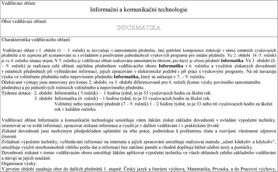 programů pro ostatní předměty. Ve 2. období (4.-5. ročník) je ve 4. ročníku situace stejná. V 5. ročníku je vzdělávací oblast realizována samostatným oborem, pro který je zřízen předmět Informatika.