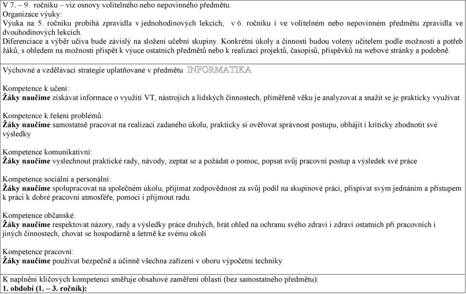 Konkrétní úkoly a činnosti budou voleny učitelem podle možností a potřeb žáků, s ohledem na možnosti přispět k výuce ostatních předmětů nebo k realizaci projektů, časopisů, příspěvků na webové