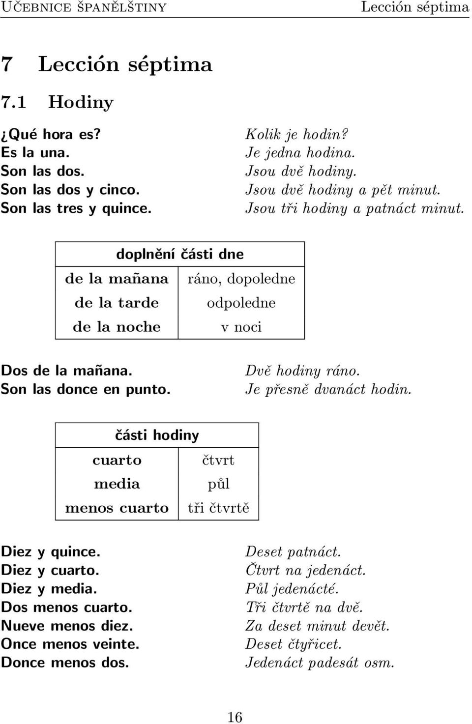 Son las donce en punto. Dvě hodiny ráno. Je přesně dvanáct hodin. části hodiny cuarto čtvrt media půl menos cuarto tři čtvrtě Diez y quince. Diez y cuarto. Diez y media.