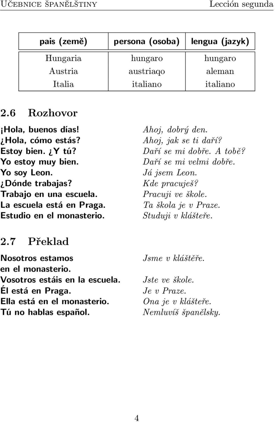 7 Překlad Nosotros estamos en el monasterio. Vosotros estáis en la escuela. Él está en Praga. Ella está en el monasterio. Tú no hablas español. Ahoj, dobrý den. Ahoj, jak se ti daří?