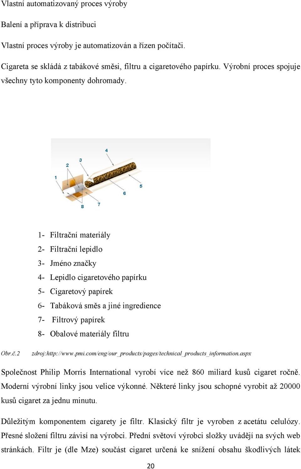 1- Filtrační materiály 2- Filtrační lepidlo 3- Jméno značky 4- Lepidlo cigaretového papírku 5- Cigaretový papírek 6- Tabáková směs a jiné ingredience 7- Filtrový papírek 8- Obalové materiály filtru