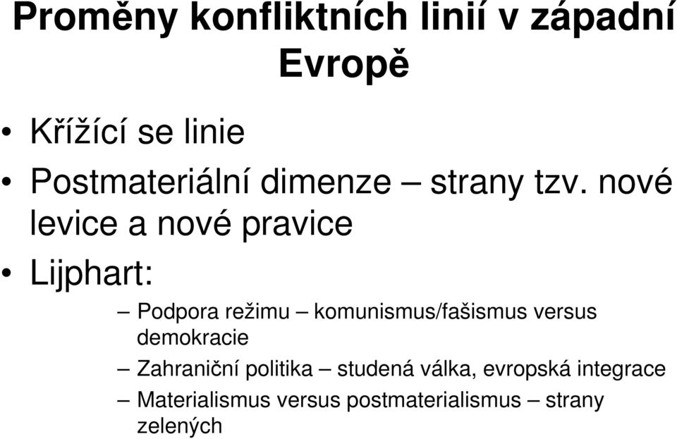 nové levice a nové pravice Lijphart: Podpora režimu komunismus/fašismus