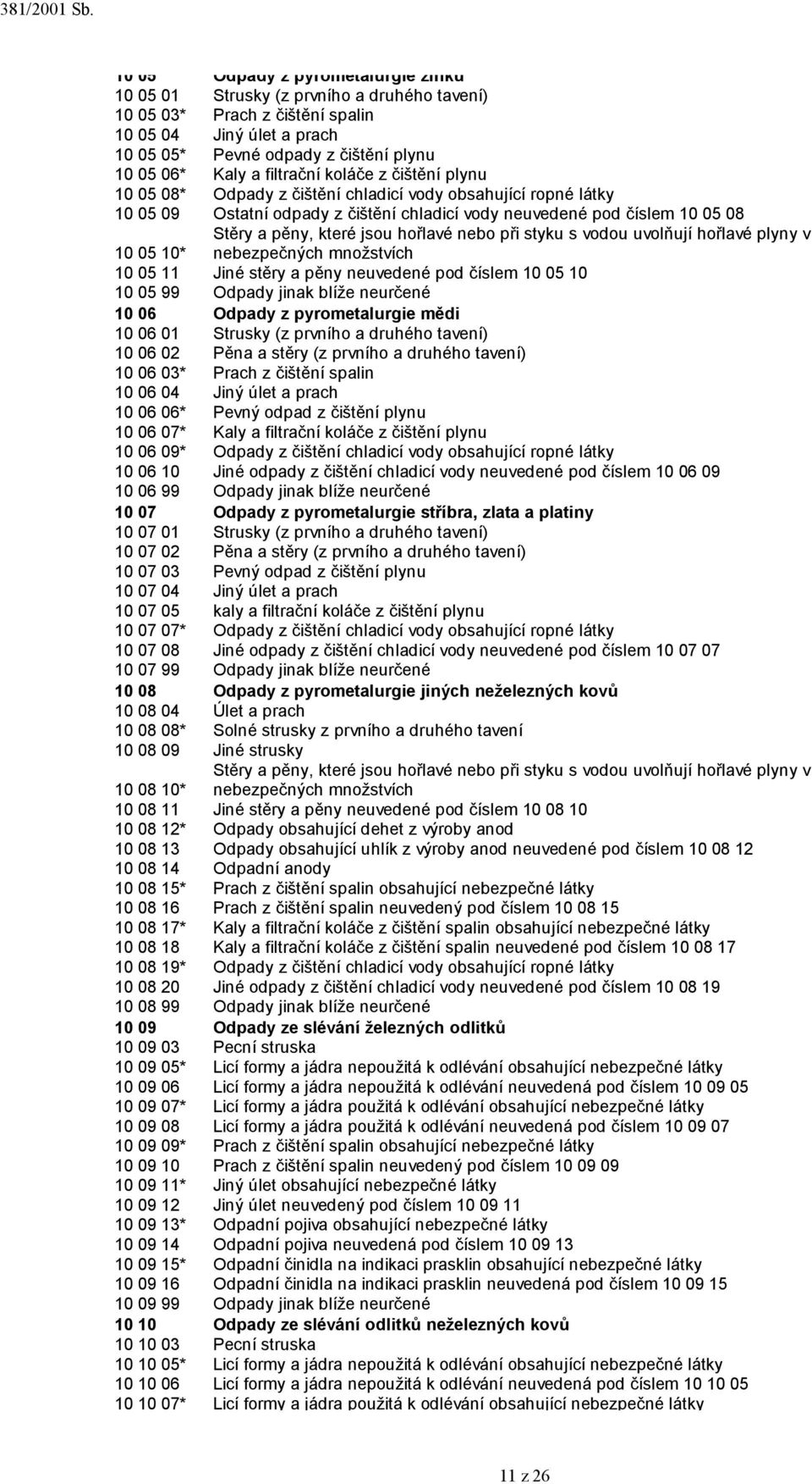 které jsou hořlavé nebo při styku s vodou uvolňují hořlavé plyny v nebezpečných množstvích 10 05 10* 10 05 11 Jiné stěry a pěny neuvedené pod číslem 10 05 10 10 05 99 Odpady jinak blíže neurčené 10