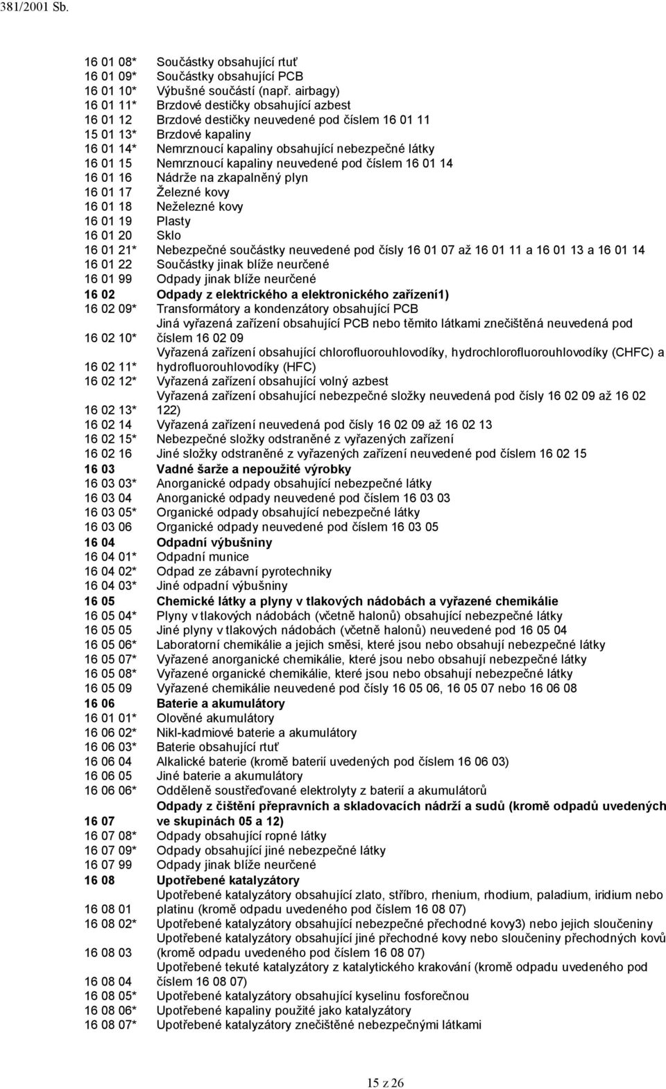 01 15 Nemrznoucí kapaliny neuvedené pod číslem 16 01 14 16 01 16 Nádrže na zkapalněný plyn 16 01 17 Železné kovy 16 01 18 Neželezné kovy 16 01 19 Plasty 16 01 20 Sklo 16 01 21* Nebezpečné součástky